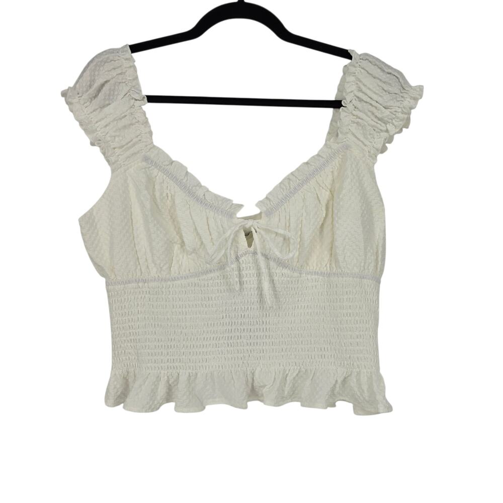 NWT Lush Off White Textured Smocked Ruffle Front Tie Cropped Tank Top Size XL